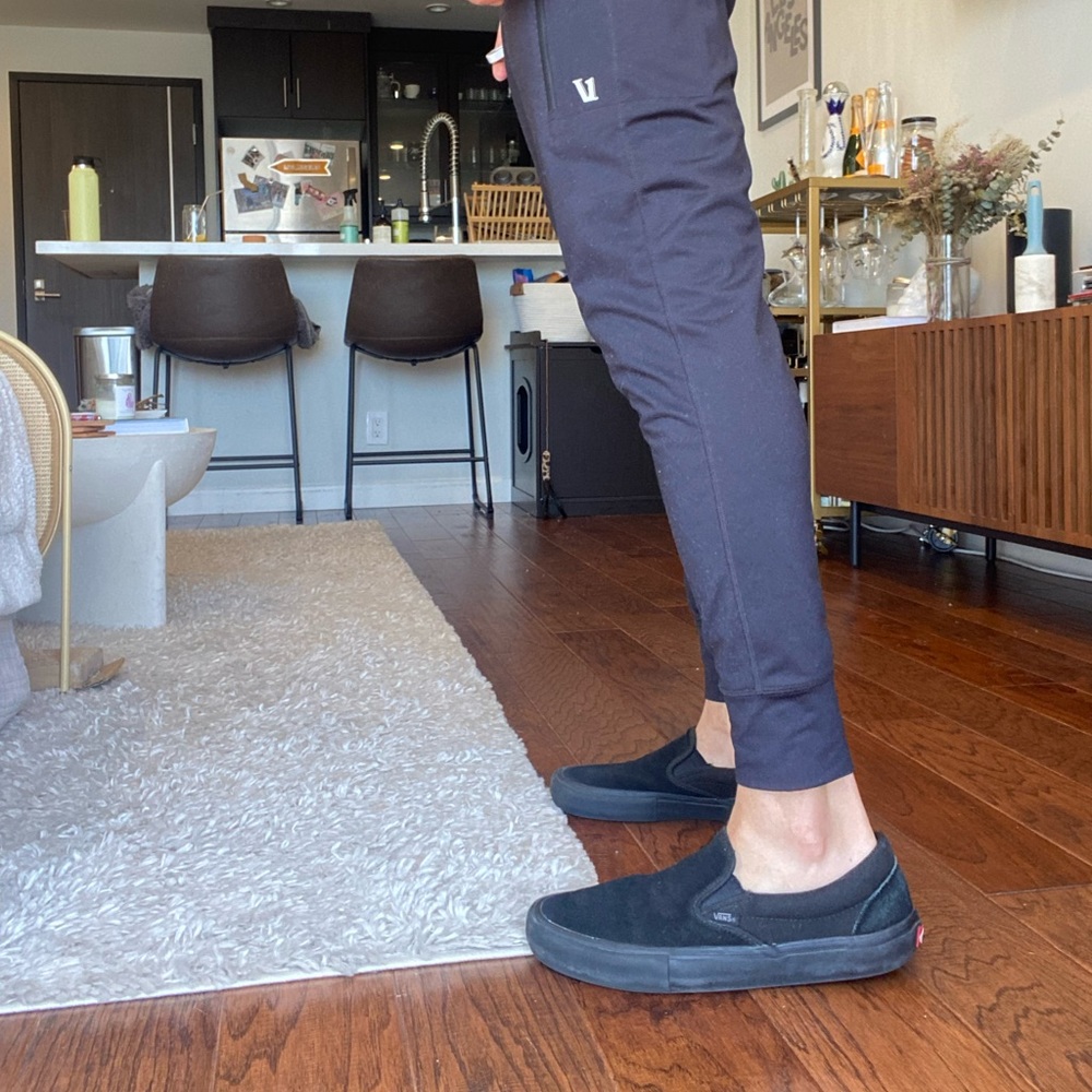 Black suede vans slip on
